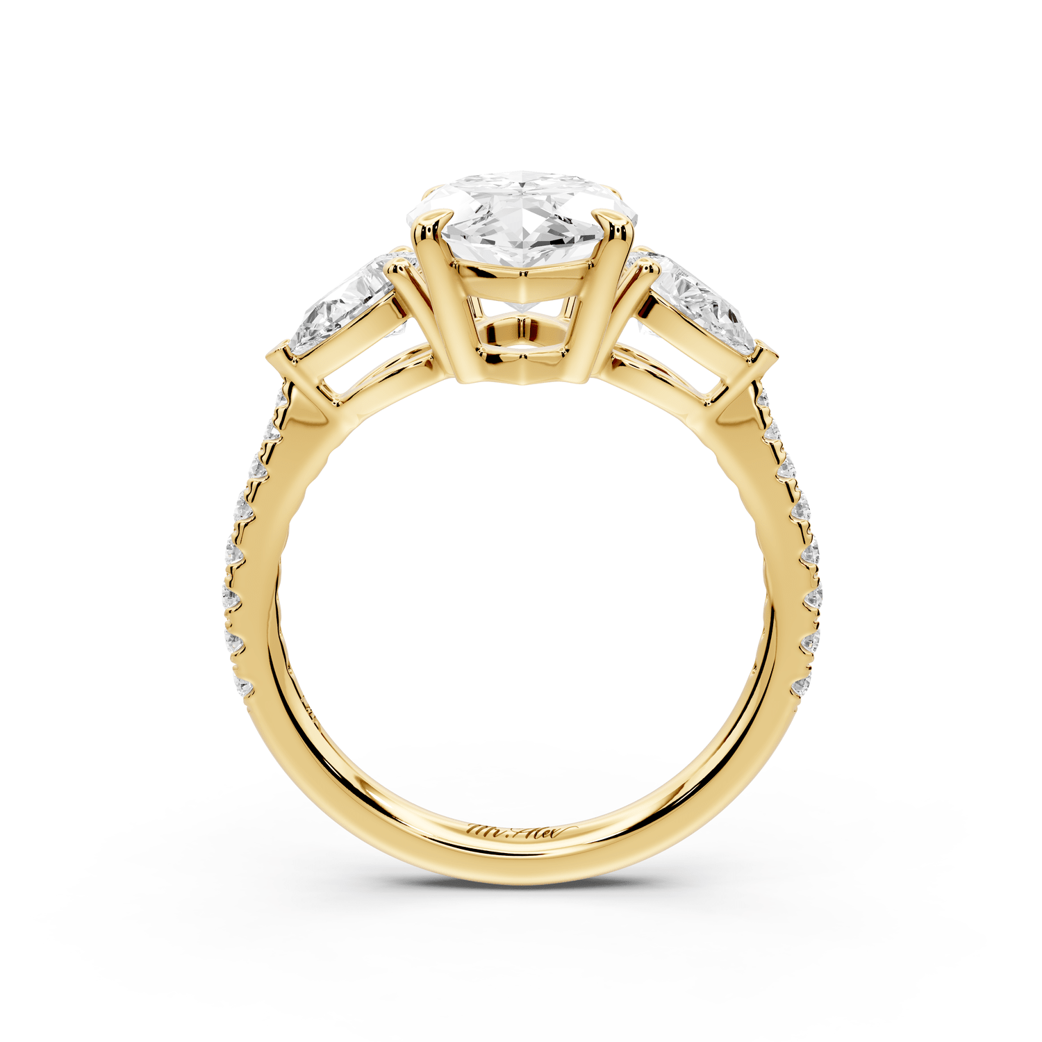 Alma - 3ct 18k yellow gold marquise center stone with two pear shaped diamonds and pavé. Three stone oval and pear engagement ring with Pavé - Mr. Alex Jewelry
