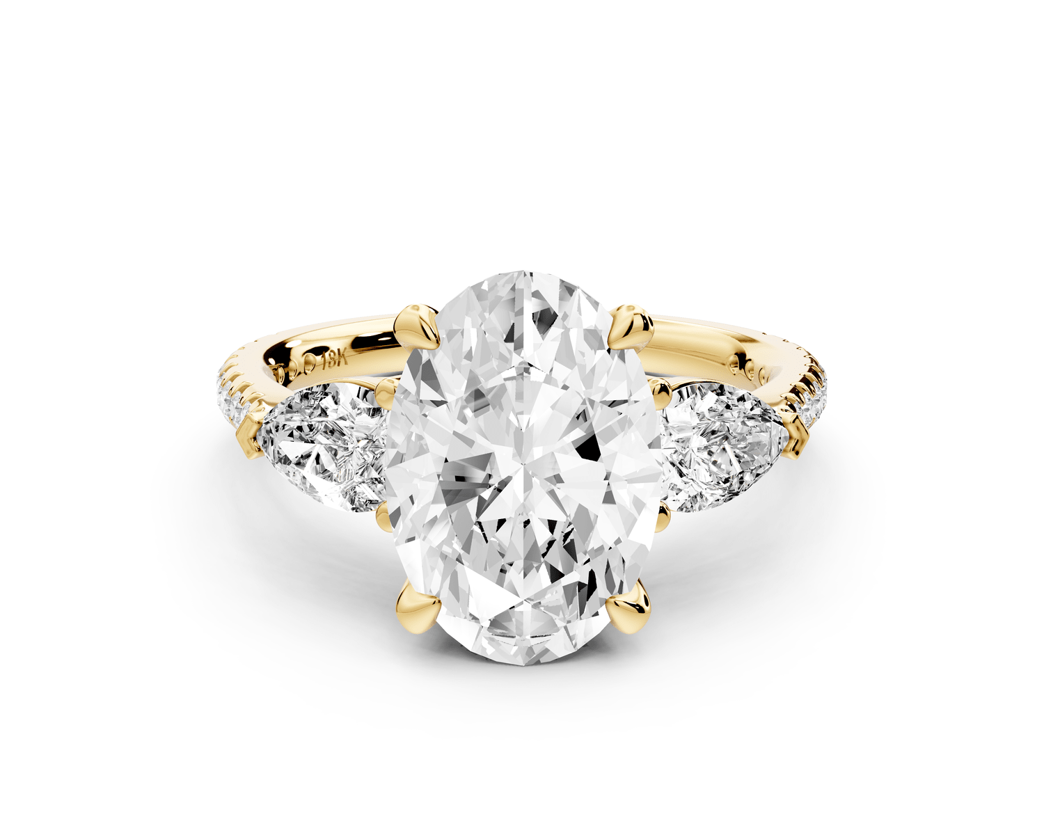 Alma - 3ct 18k yellow gold oval center stone with two pear shaped diamonds and pavé. Three stone oval and pear Engagement ring with Pavé - Mr. Alex Jewelry