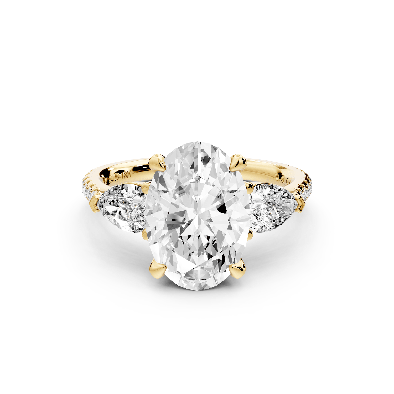 Alma - 3ct 18k yellow gold oval center stone with two pear shaped diamonds and pavé. Three stone oval and pear Engagement ring with Pavé - Mr. Alex Jewelry