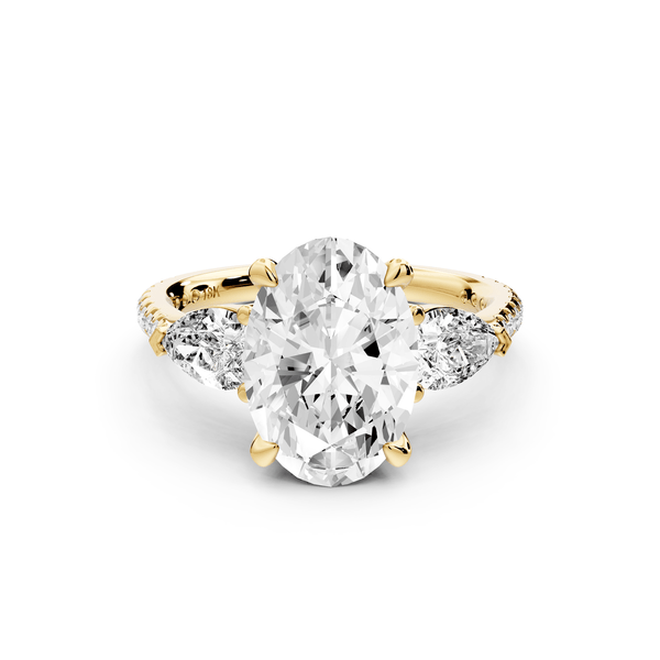 Alma - 3ct 18k yellow gold oval center stone with two pear shaped diamonds and pavé. Three stone oval and pear Engagement ring with Pavé - Mr. Alex Jewelry