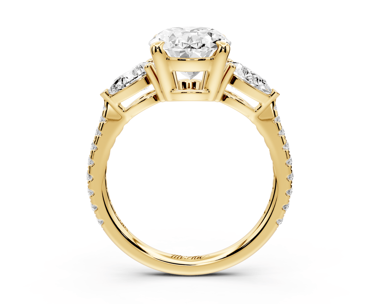 Alma - 3ct 18k yellow gold oval center stone with two pear shaped diamonds and pavé. Three stone oval and pear Engagement ring with Pavé - Mr. Alex Jewelry