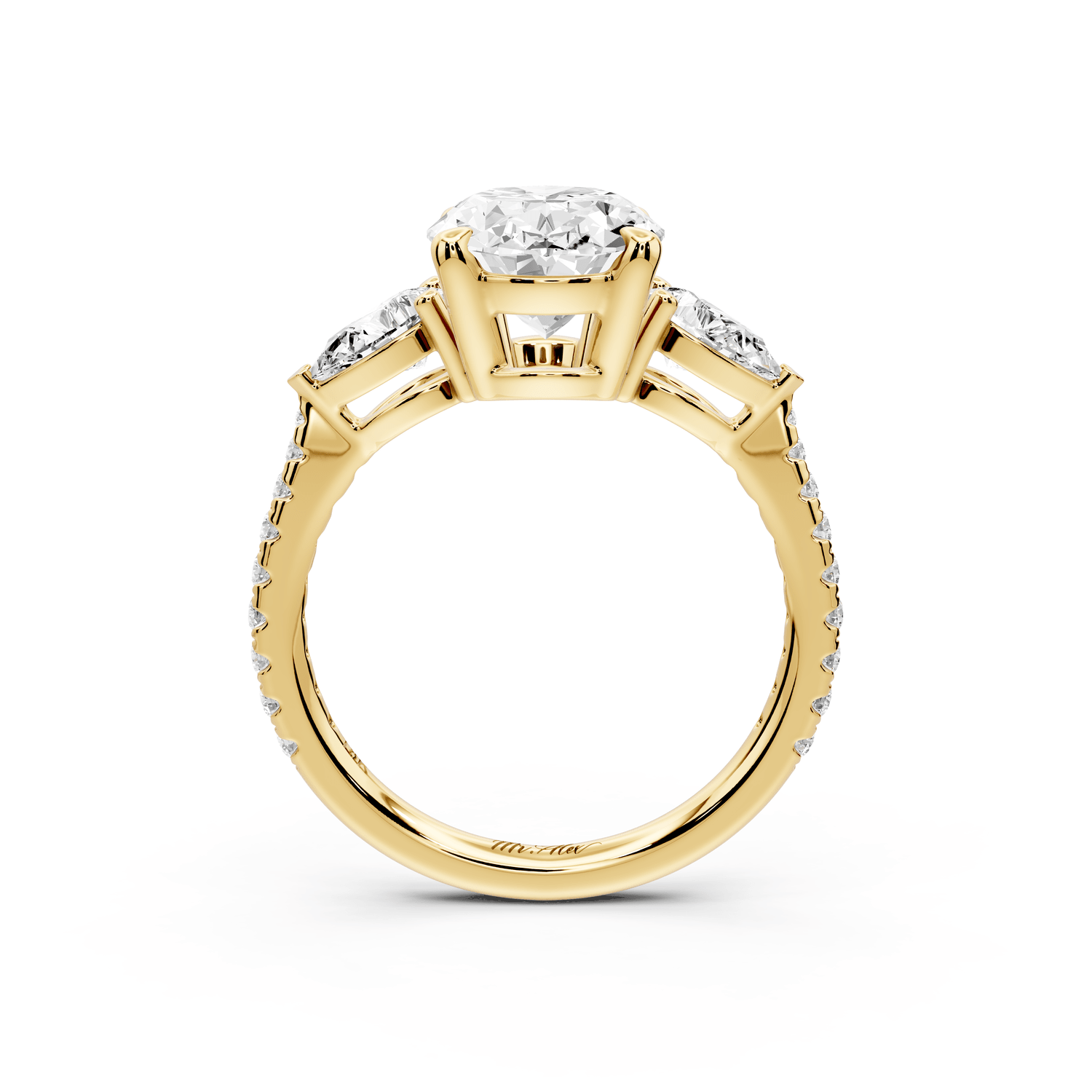 Alma - 3ct 18k yellow gold oval center stone with two pear shaped diamonds and pavé. Three stone oval and pear Engagement ring with Pavé - Mr. Alex Jewelry