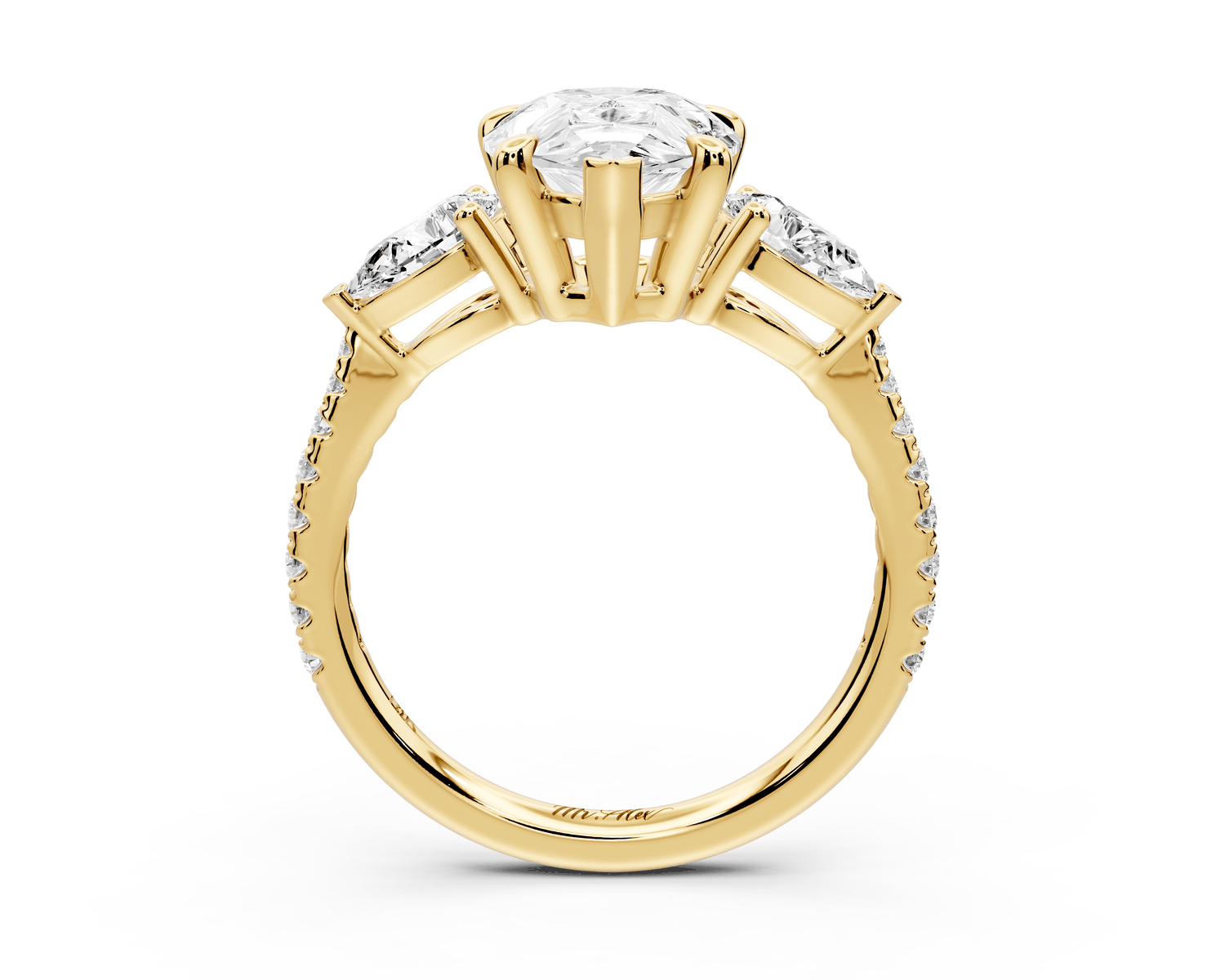 Alma - 3ct 18k yellow gold pear center stone with two pear shaped diamonds and pavé. Three stone oval and pear Engagement ring with Pavé - Mr. Alex Jewelry