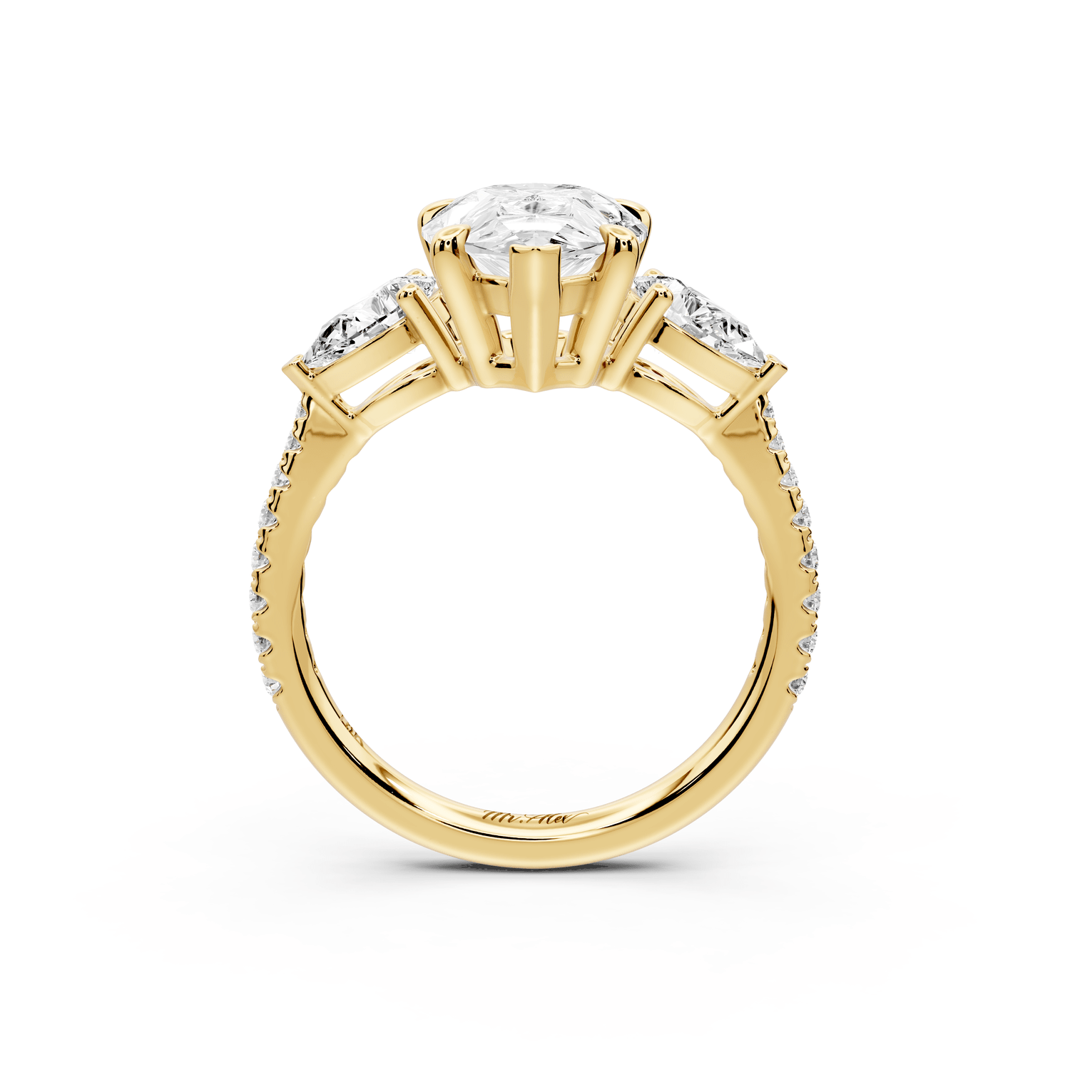 Alma - 3ct 18k yellow gold pear center stone with two pear shaped diamonds and pavé. Three stone oval and pear Engagement ring with Pavé - Mr. Alex Jewelry