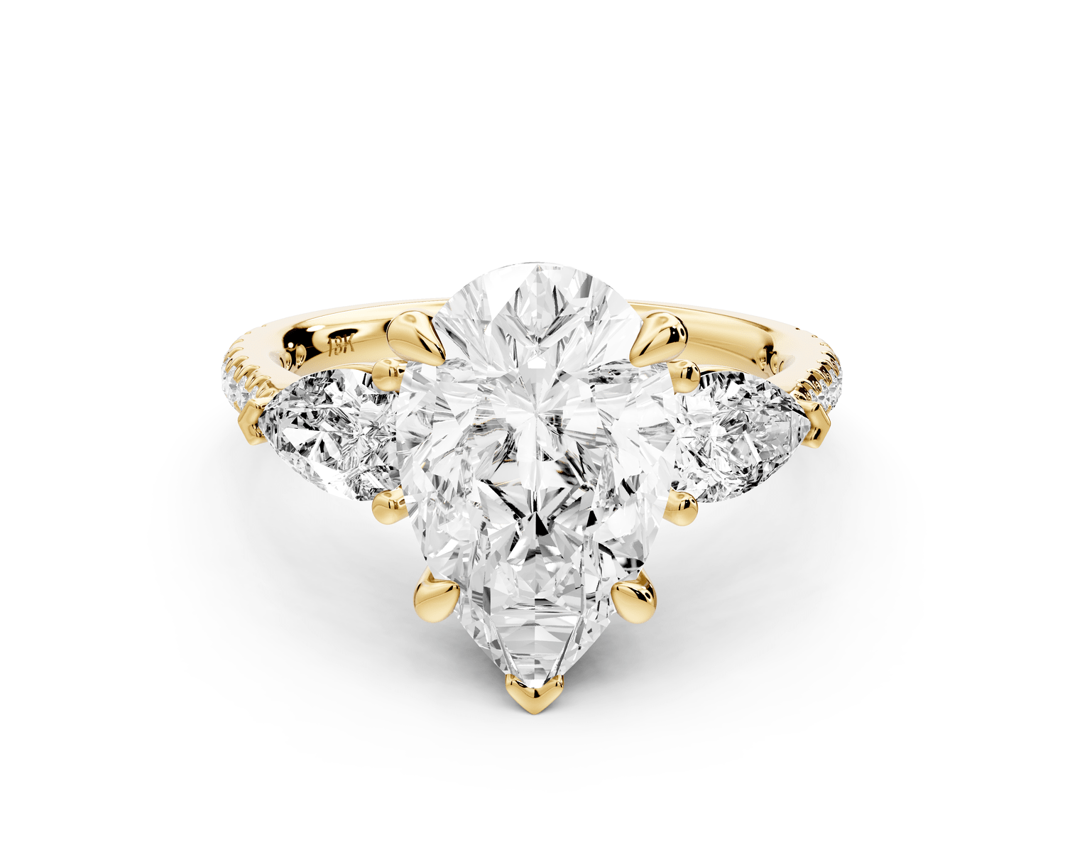 Alma - 3ct 18k yellow gold pear center stone with two pear shaped diamonds and pavé. Three stone oval and pear Engagement ring with Pavé - Mr. Alex Jewelry