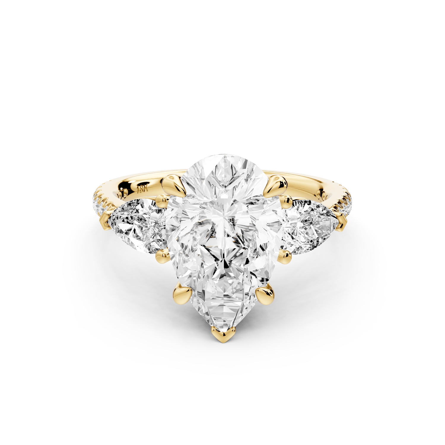 Alma - 3ct 18k yellow gold pear center stone with two pear shaped diamonds and pavé. Three stone oval and pear Engagement ring with Pavé - Mr. Alex Jewelry