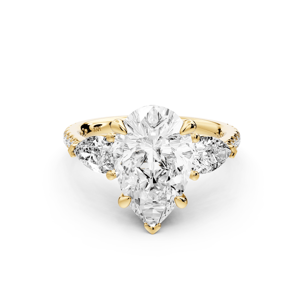 Alma - 3ct 18k yellow gold pear center stone with two pear shaped diamonds and pavé. Three stone oval and pear Engagement ring with Pavé - Mr. Alex Jewelry
