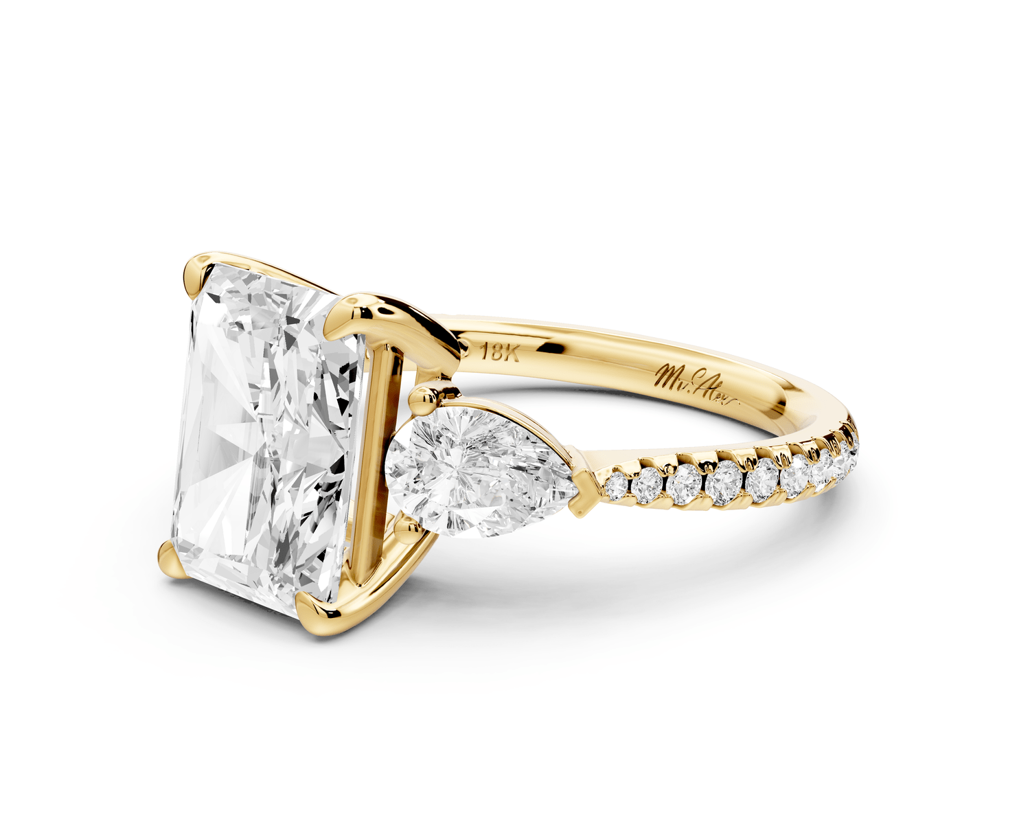 Alma - 3ct 18k yellow gold radiant center stone with two pear shaped diamonds and pavé. Three stone oval and pear engagement ring with Pavé - Mr. Alex Jewelry