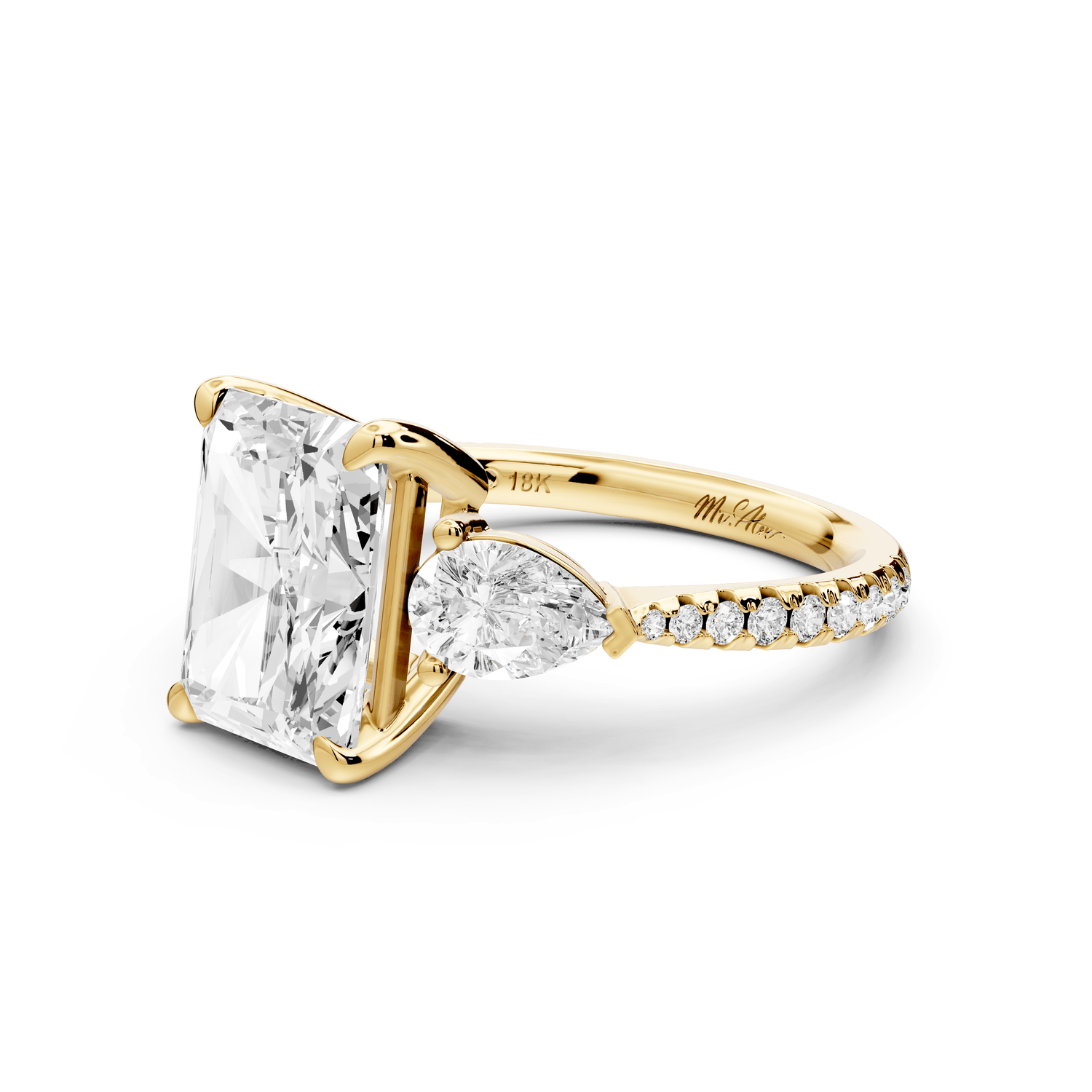 Alma - 3ct 18k yellow gold radiant center stone with two pear shaped diamonds and pavé. Three stone oval and pear engagement ring with Pavé - Mr. Alex Jewelry