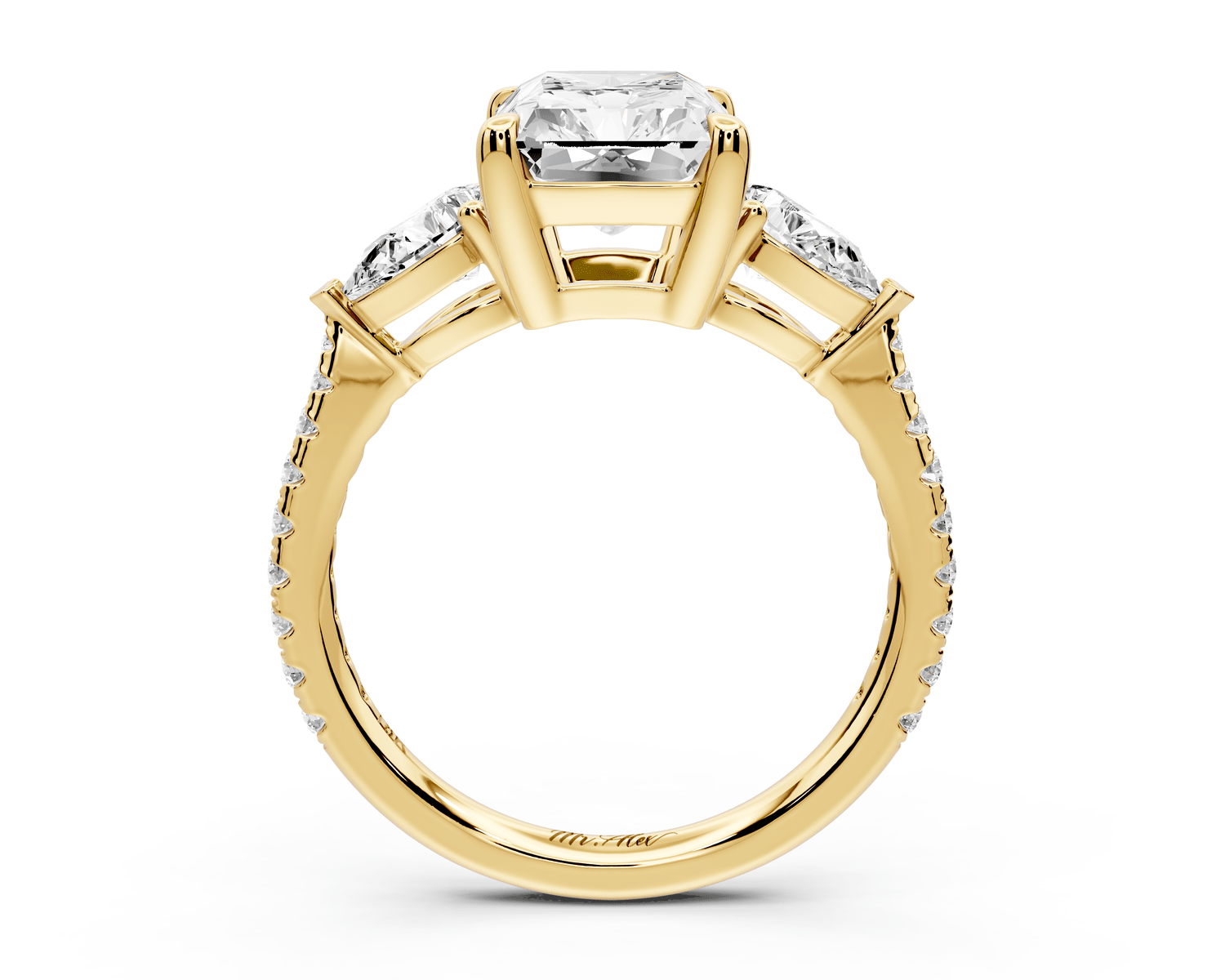 Alma - 3ct 18k yellow gold radiant center stone with two pear shaped diamonds and pavé. Three stone oval and pear engagement ring with Pavé - Mr. Alex Jewelry