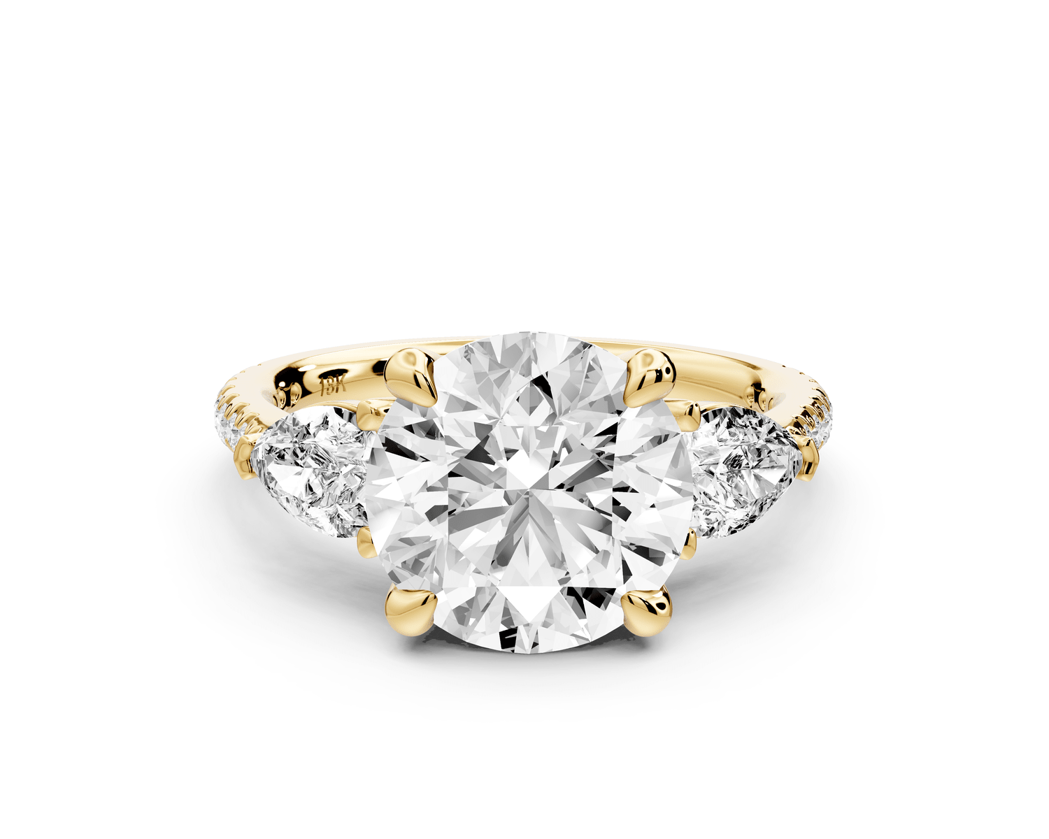 Alma - 3ct 18k yellow gold round center stone with two pear shaped diamonds and pavé. Three stone oval and pear engagment ring with Pavé - Mr. Alex Jewelry