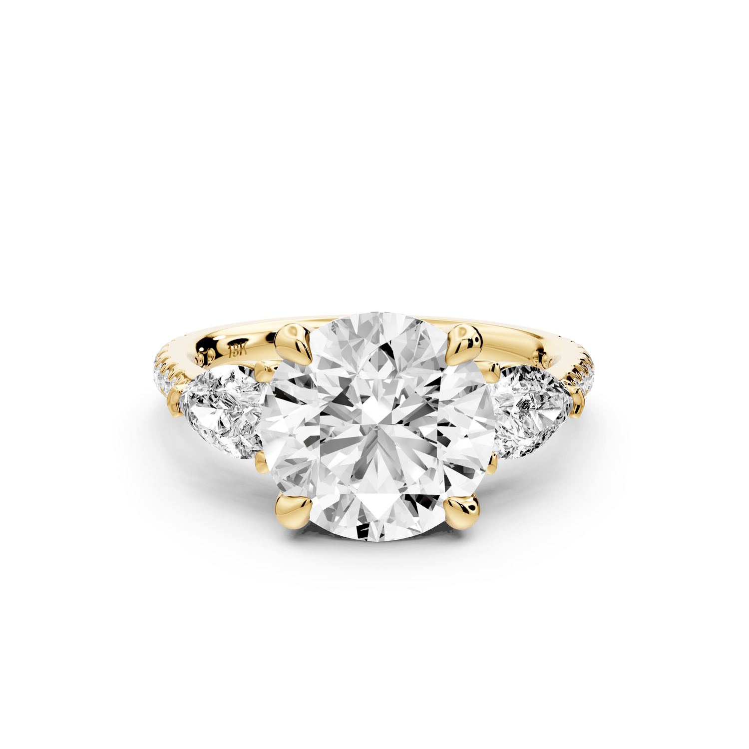 Alma - 3ct 18k yellow gold round center stone with two pear shaped diamonds and pavé. Three stone oval and pear engagment ring with Pavé - Mr. Alex Jewelry
