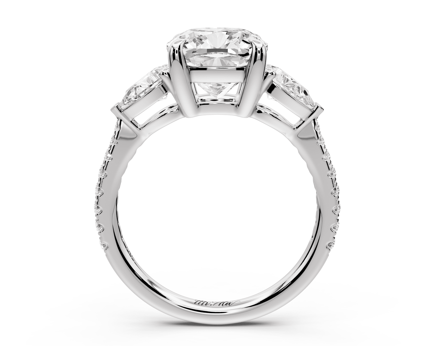 Alma - 3ct platinum cushion center stone with two pear shaped diamonds and pavé. Three stone oval and pear engagement ring with Pavé - Mr. Alex Jewelry