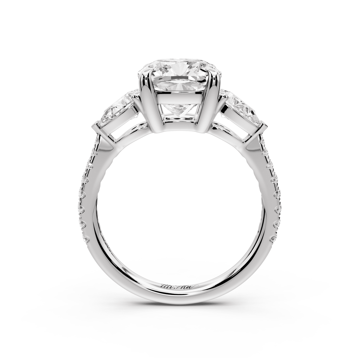 Alma - 3ct platinum cushion center stone with two pear shaped diamonds and pavé. Three stone oval and pear engagement ring with Pavé - Mr. Alex Jewelry