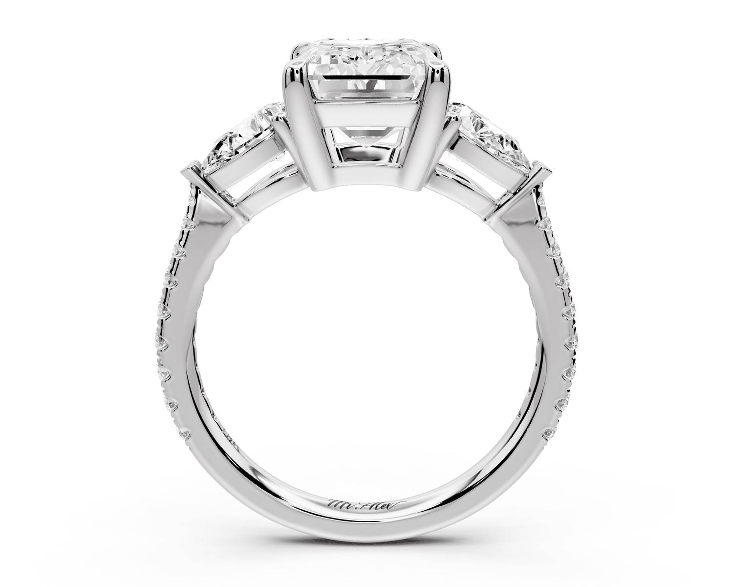 Alma - 3ct platinum emerald center stone with two pear shaped diamonds and pavé. Three stone oval and pear Engagement ring with Pavé - Mr. Alex Jewelry