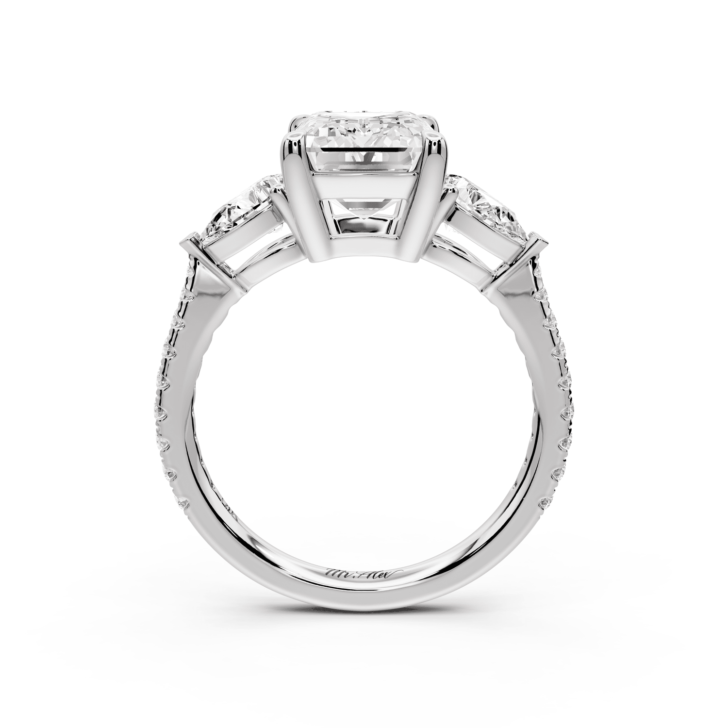 Alma - 3ct platinum emerald center stone with two pear shaped diamonds and pavé. Three stone oval and pear Engagement ring with Pavé - Mr. Alex Jewelry