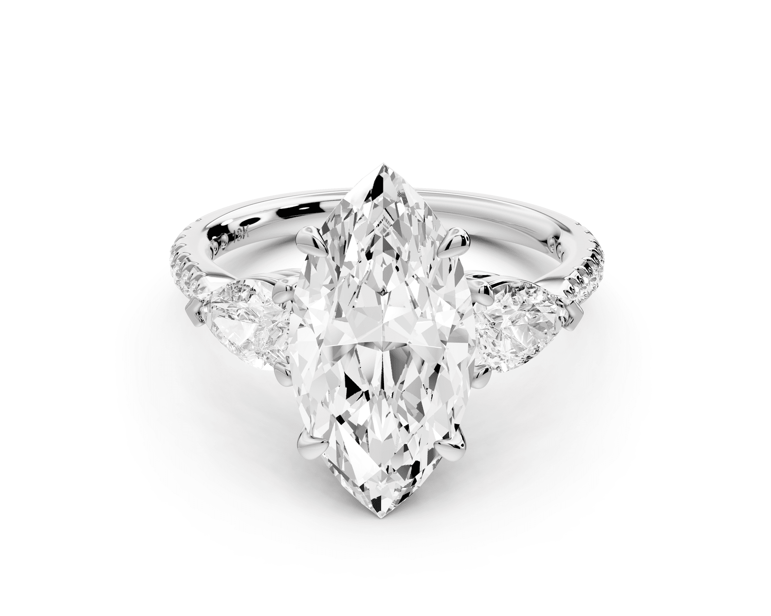 Alma - 3ct platinum marquise center stone with two pear shaped diamonds and pavé. Three stone oval and pear engagement ring with Pavé - Mr. Alex Jewelry