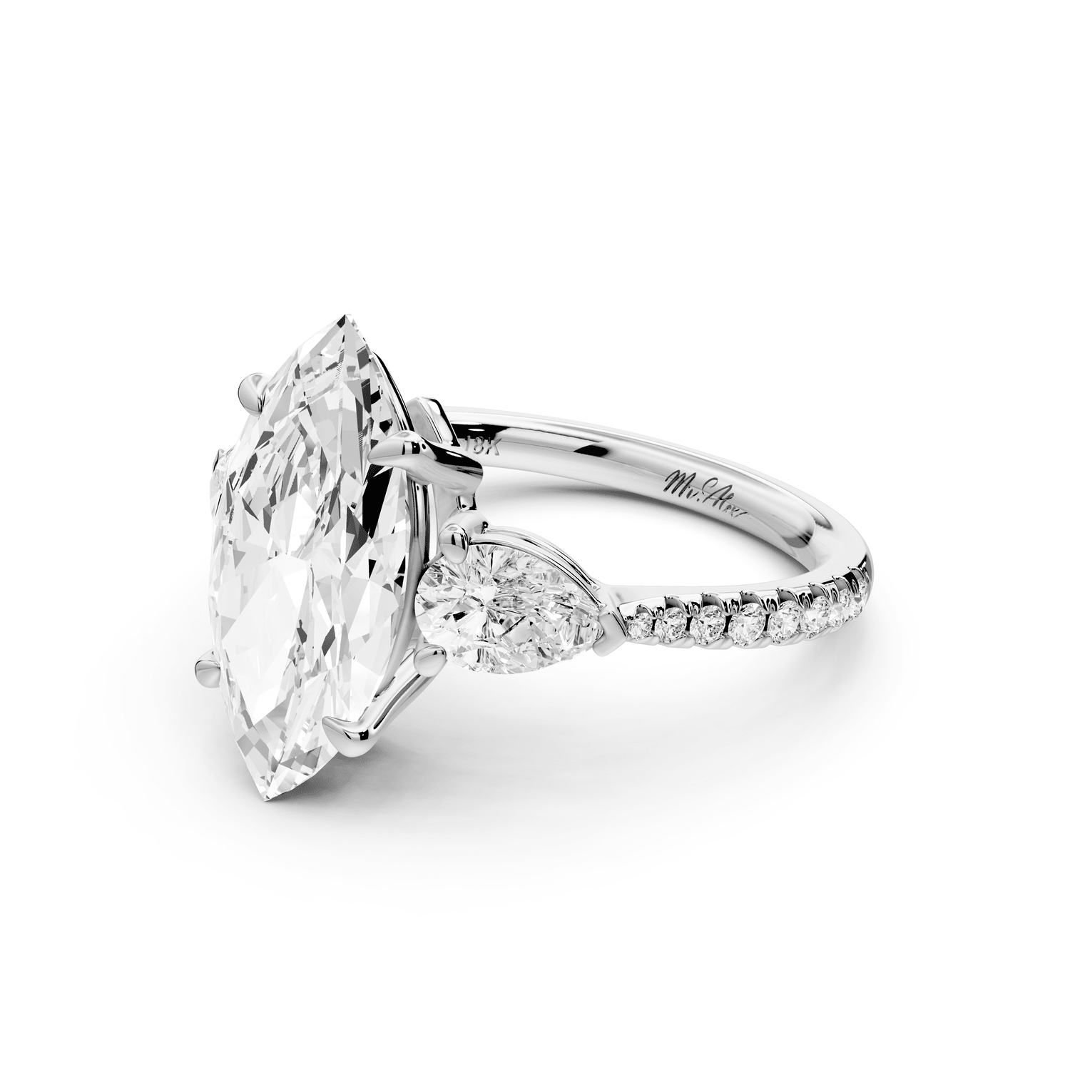 Alma - 3ct platinum marquise center stone with two pear shaped diamonds and pavé. Three stone oval and pear engagement ring with Pavé - Mr. Alex Jewelry