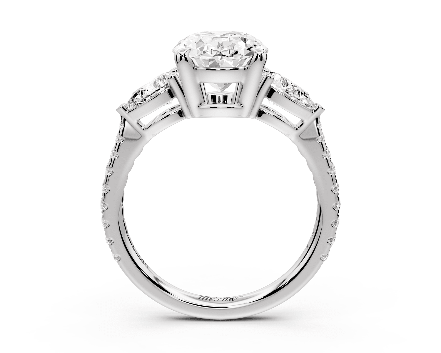 Alma - 3ct platinum oval center stone with two pear shaped diamonds and pavé. Three stone oval and pear Engagement ring with Pavé - Mr. Alex Jewelry