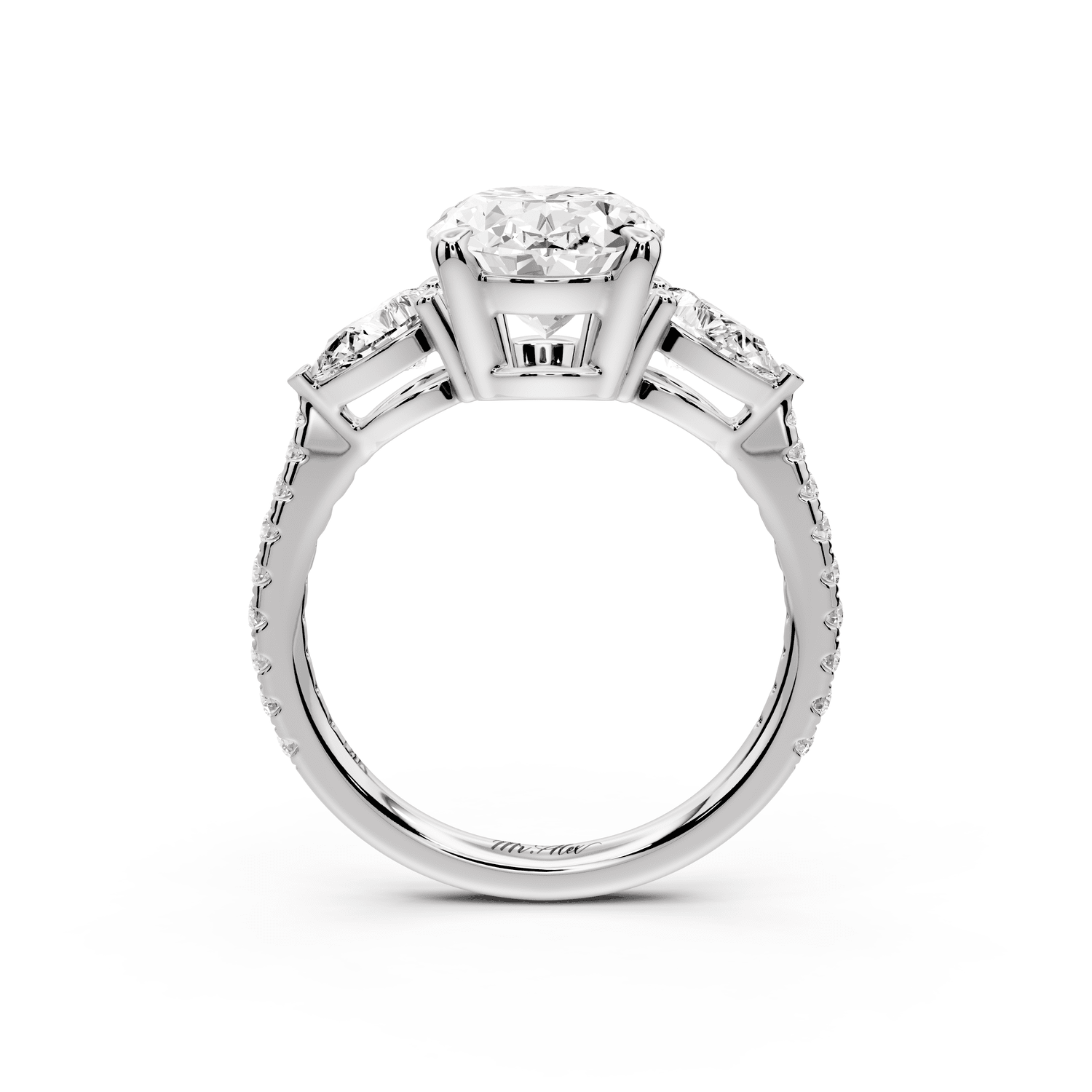 Alma - 3ct platinum oval center stone with two pear shaped diamonds and pavé. Three stone oval and pear Engagement ring with Pavé - Mr. Alex Jewelry