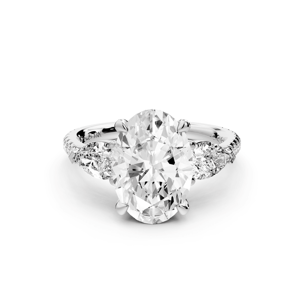 Alma - 3ct platinum oval center stone with two pear shaped diamonds and pavé. Three stone oval and pear Engagement ring with Pavé - Mr. Alex Jewelry