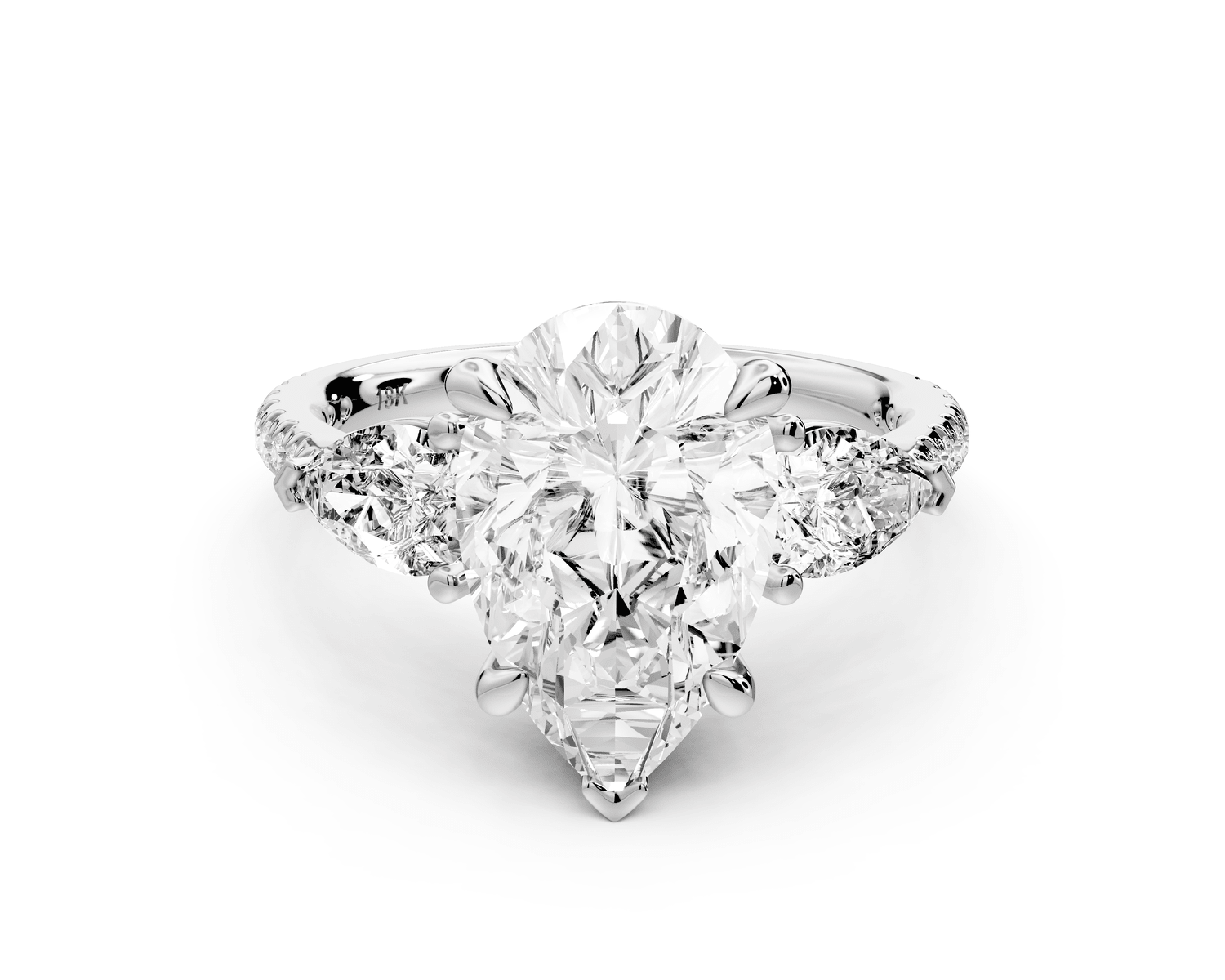 Alma - 3ct platinum pear center stone with two pear shaped diamonds and pavé. Three stone oval and pear Engagement ring with Pavé - Mr. Alex Jewelry