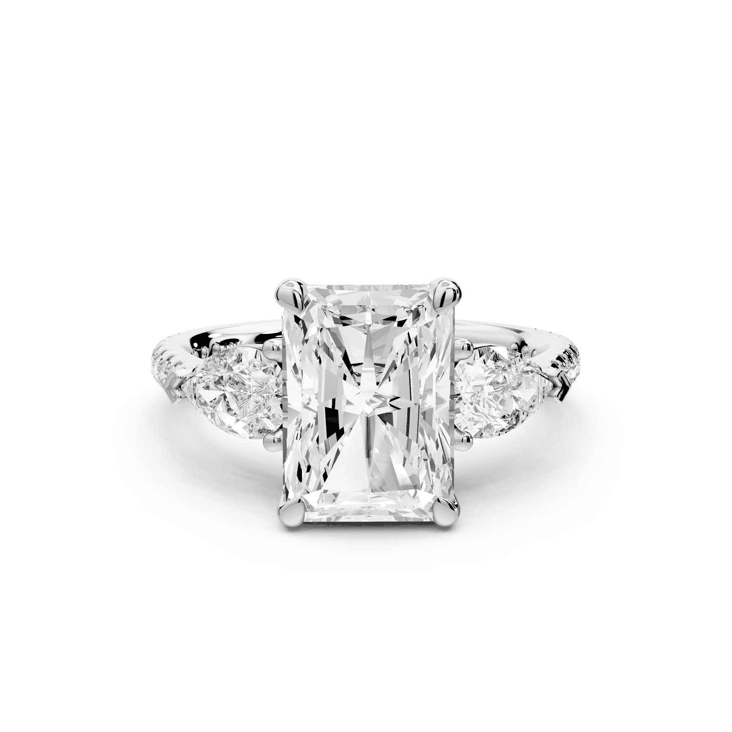 Alma - 3ct platinum radiant center stone with two pear shaped diamonds and pavé. Three stone oval and pear engagement ring with Pavé - Mr. Alex Jewelry