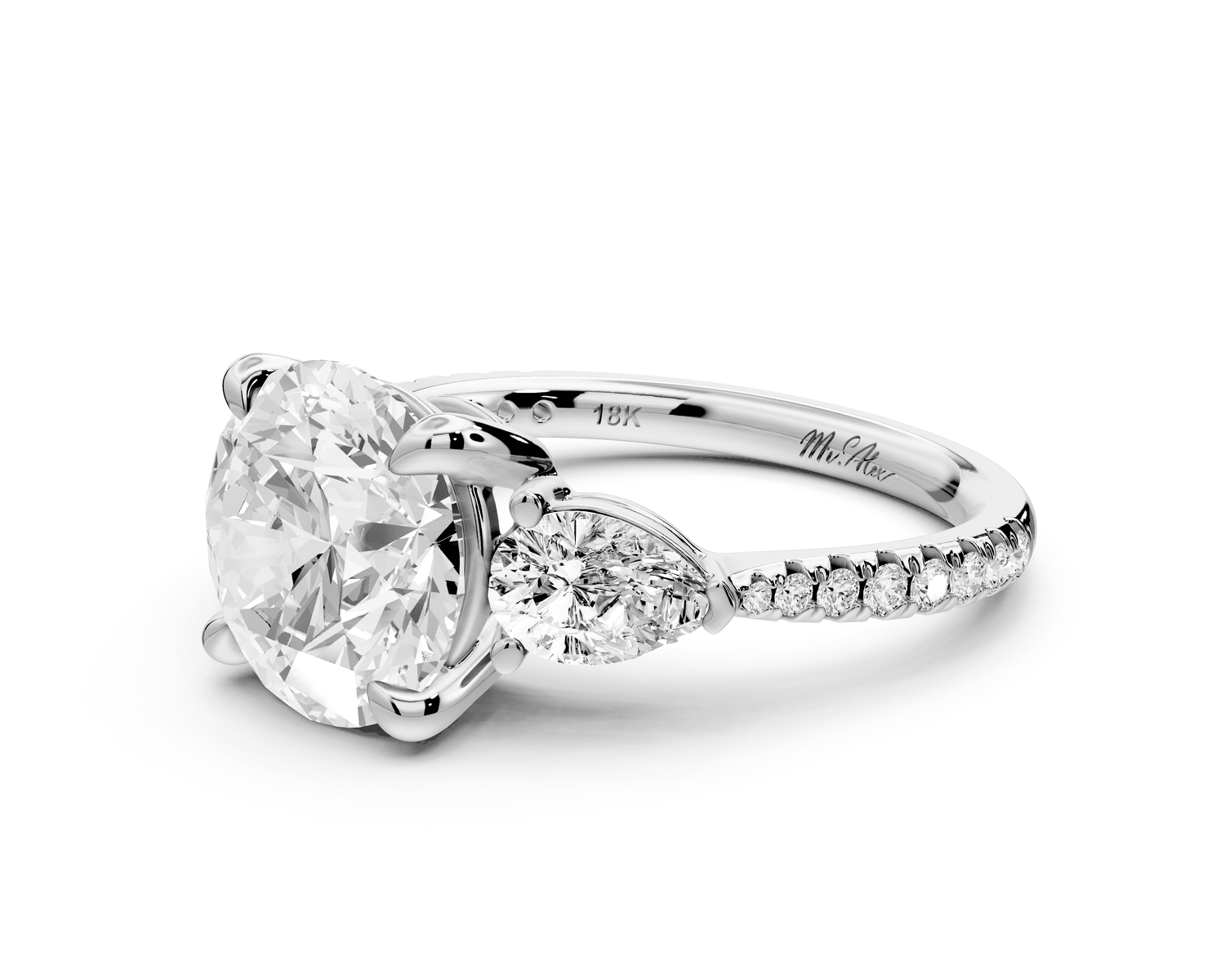 Alma - 3ct platinum round center stone with two pear shaped diamonds and pavé. Three stone oval and pear engagment ring with Pavé - Mr. Alex Jewelry