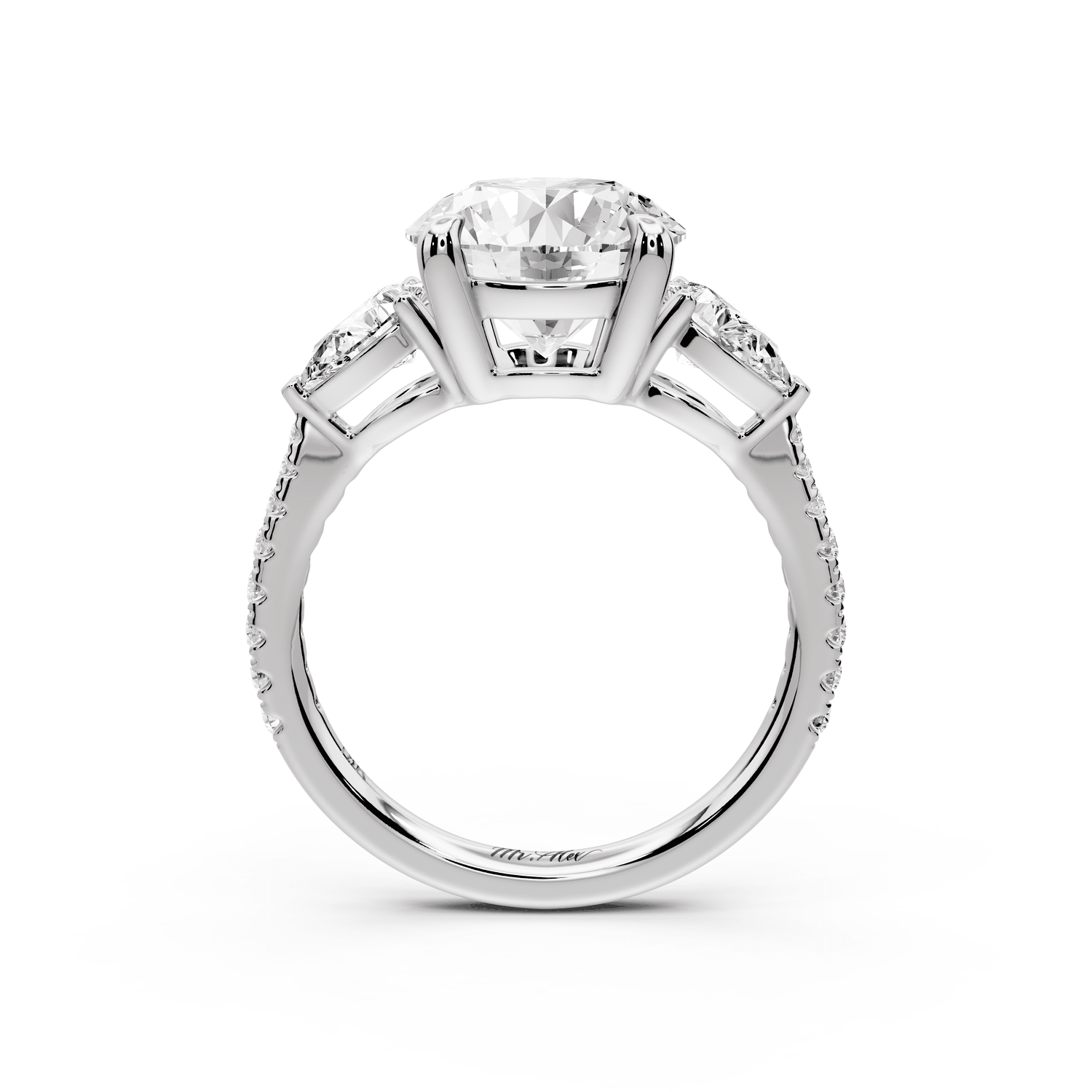 Alma - 3ct platinum round center stone with two pear shaped diamonds and pavé. Three stone oval and pear engagment ring with Pavé - Mr. Alex Jewelry
