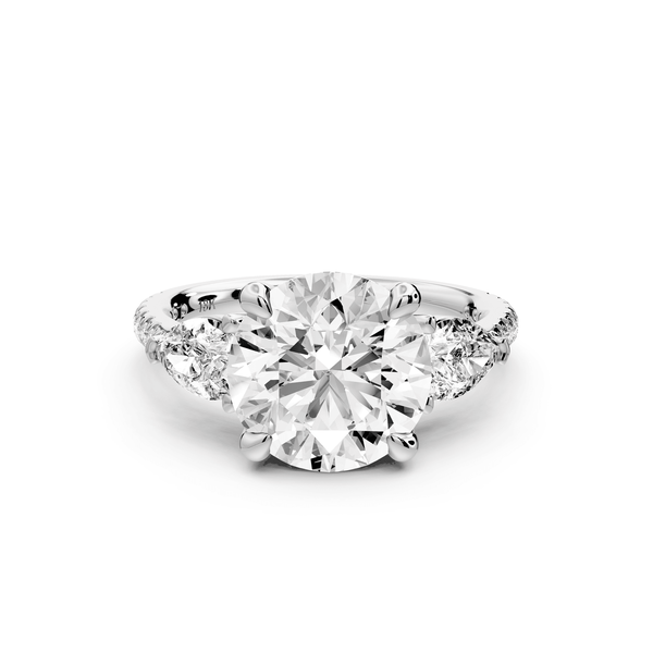 Alma - 3ct platinum round center stone with two pear shaped diamonds and pavé. Three stone oval and pear engagment ring with Pavé - Mr. Alex Jewelry