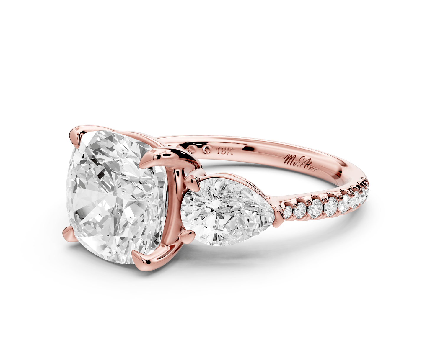 Alma - 4ct 14k rose gold cushion center stone with two pear shaped diamonds and pavé. Three stone oval and pear engagement ring with Pavé - Mr. Alex Jewelry