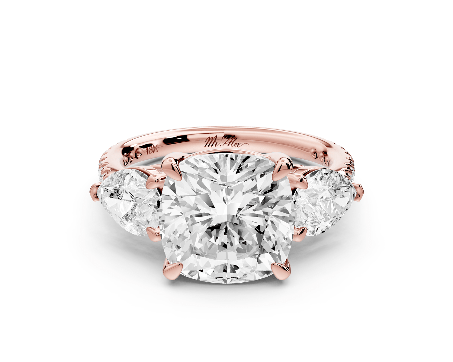 Alma - 4ct 14k rose gold cushion center stone with two pear shaped diamonds and pavé. Three stone oval and pear engagement ring with Pavé - Mr. Alex Jewelry