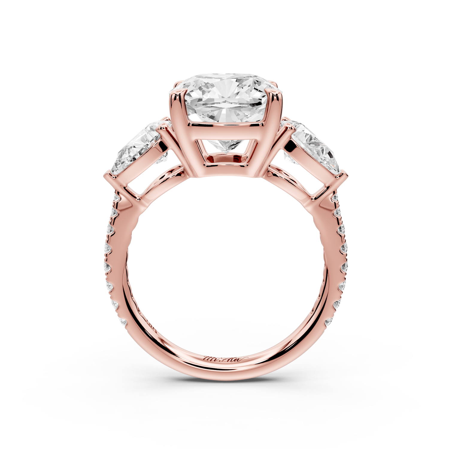 Alma - 4ct 14k rose gold cushion center stone with two pear shaped diamonds and pavé. Three stone oval and pear engagement ring with Pavé - Mr. Alex Jewelry