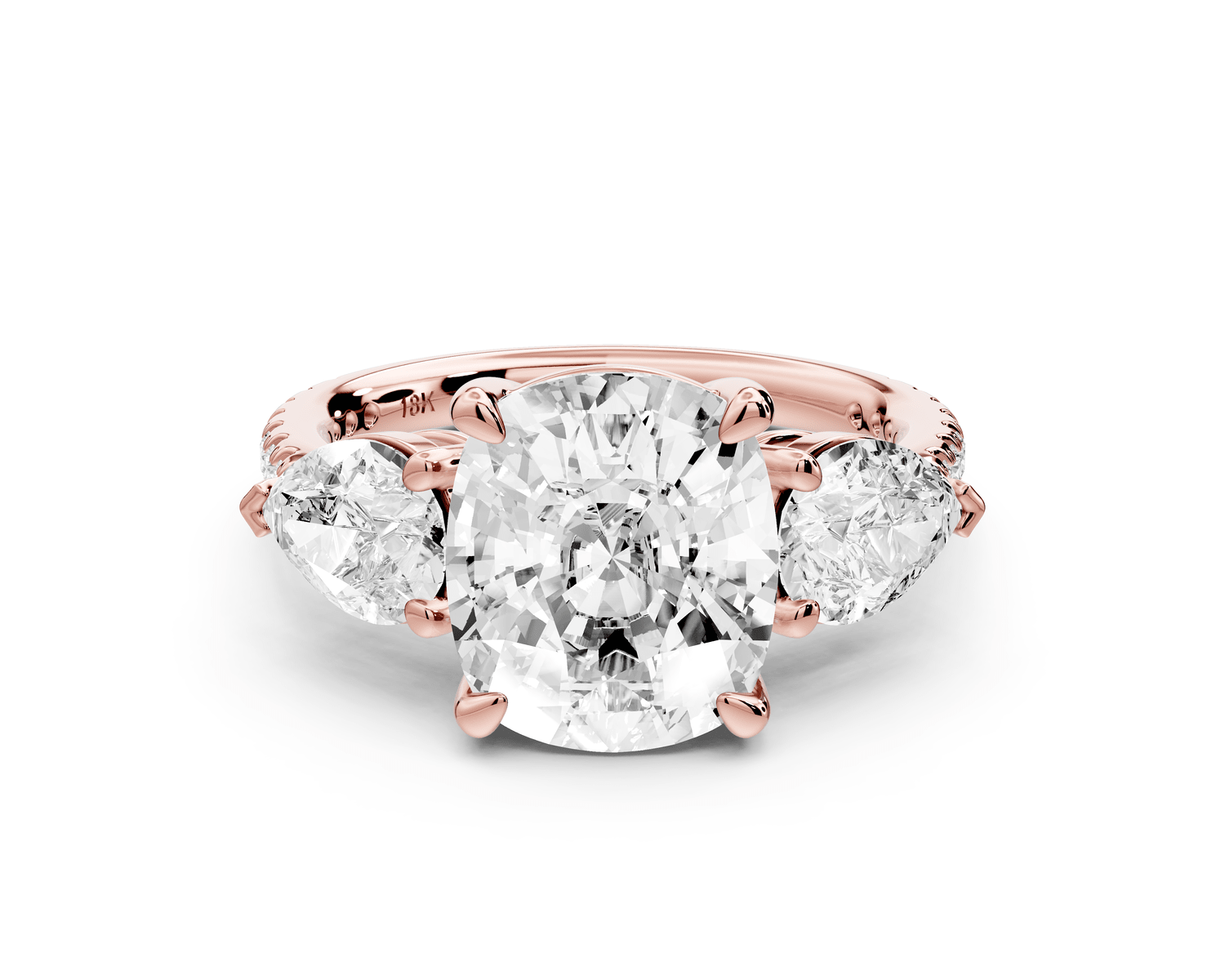 Alma - 4ct 14k rose gold ecushion center stone with two pear shaped diamonds and pavé. Three stone oval and pear engagement ring with Pavé - Mr. Alex Jewelry
