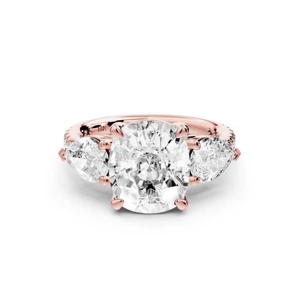 Alma - 4ct 14k rose gold ecushion center stone with two pear shaped diamonds and pavé. Three stone oval and pear engagement ring with Pavé - Mr. Alex Jewelry