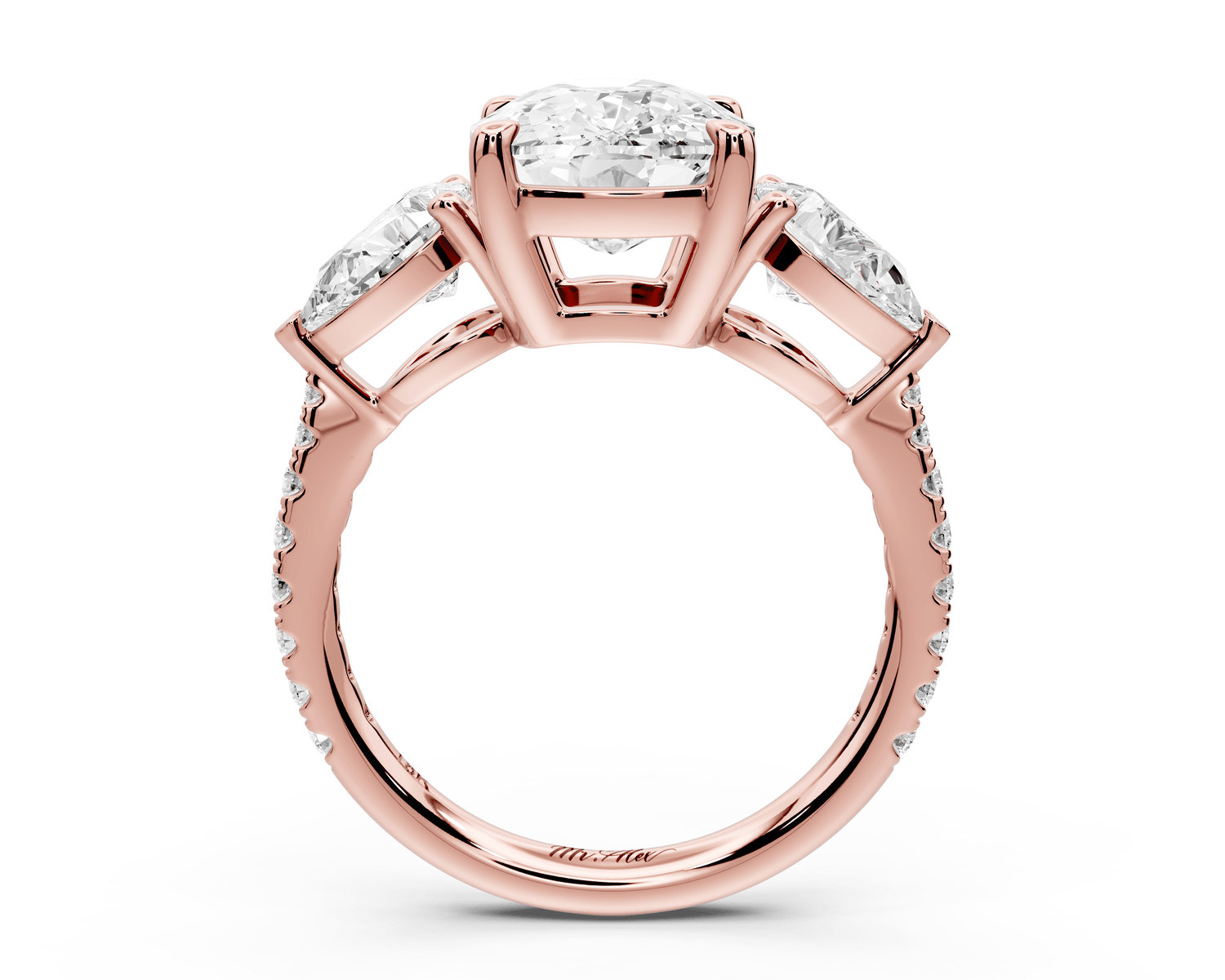 Alma - 4ct 14k rose gold ecushion center stone with two pear shaped diamonds and pavé. Three stone oval and pear engagement ring with Pavé - Mr. Alex Jewelry