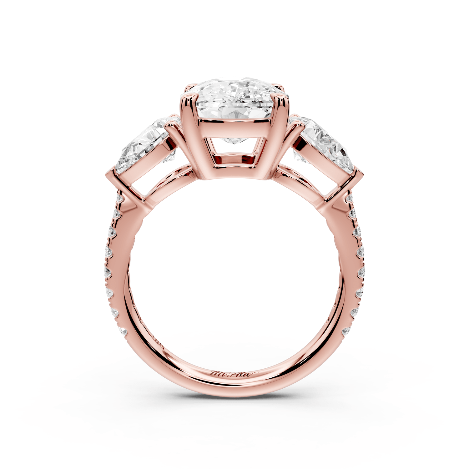 Alma - 4ct 14k rose gold ecushion center stone with two pear shaped diamonds and pavé. Three stone oval and pear engagement ring with Pavé - Mr. Alex Jewelry