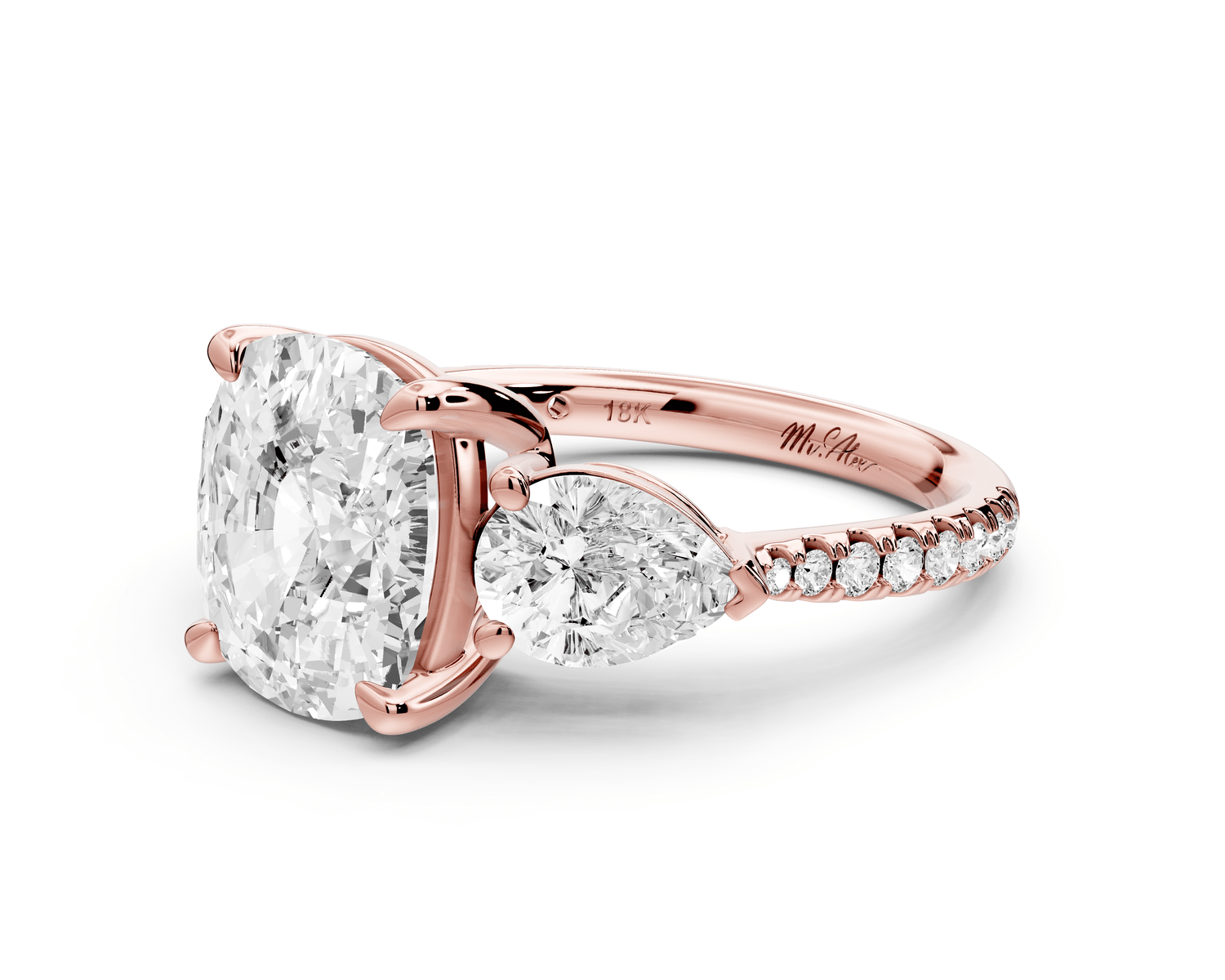 Alma - 4ct 14k rose gold ecushion center stone with two pear shaped diamonds and pavé. Three stone oval and pear engagement ring with Pavé - Mr. Alex Jewelry