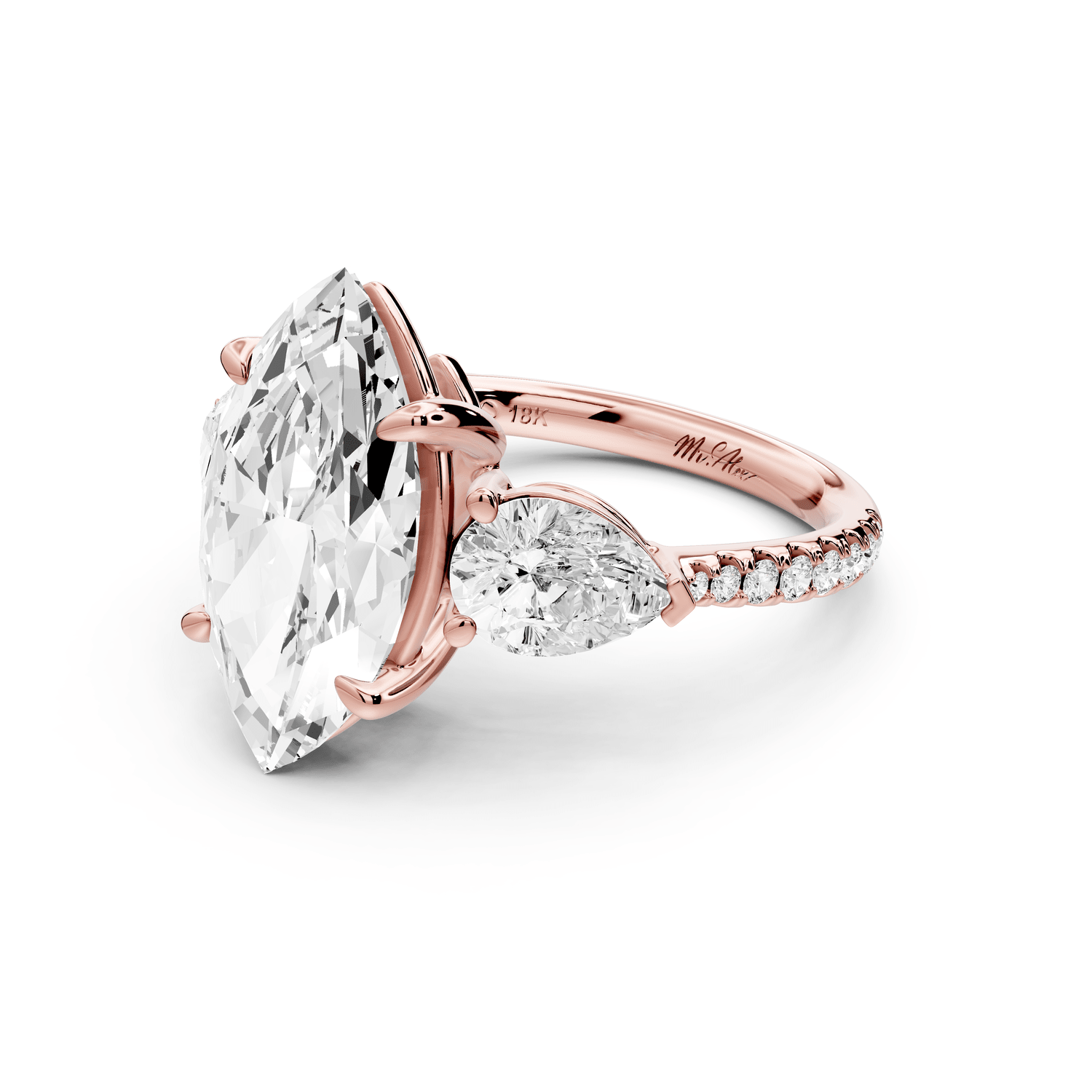 Alma - 4ct 14k rose gold marquise center stone with two pear shaped diamonds and pavé. Three stone oval and pear engagement ring with Pavé - Mr. Alex Jewelry