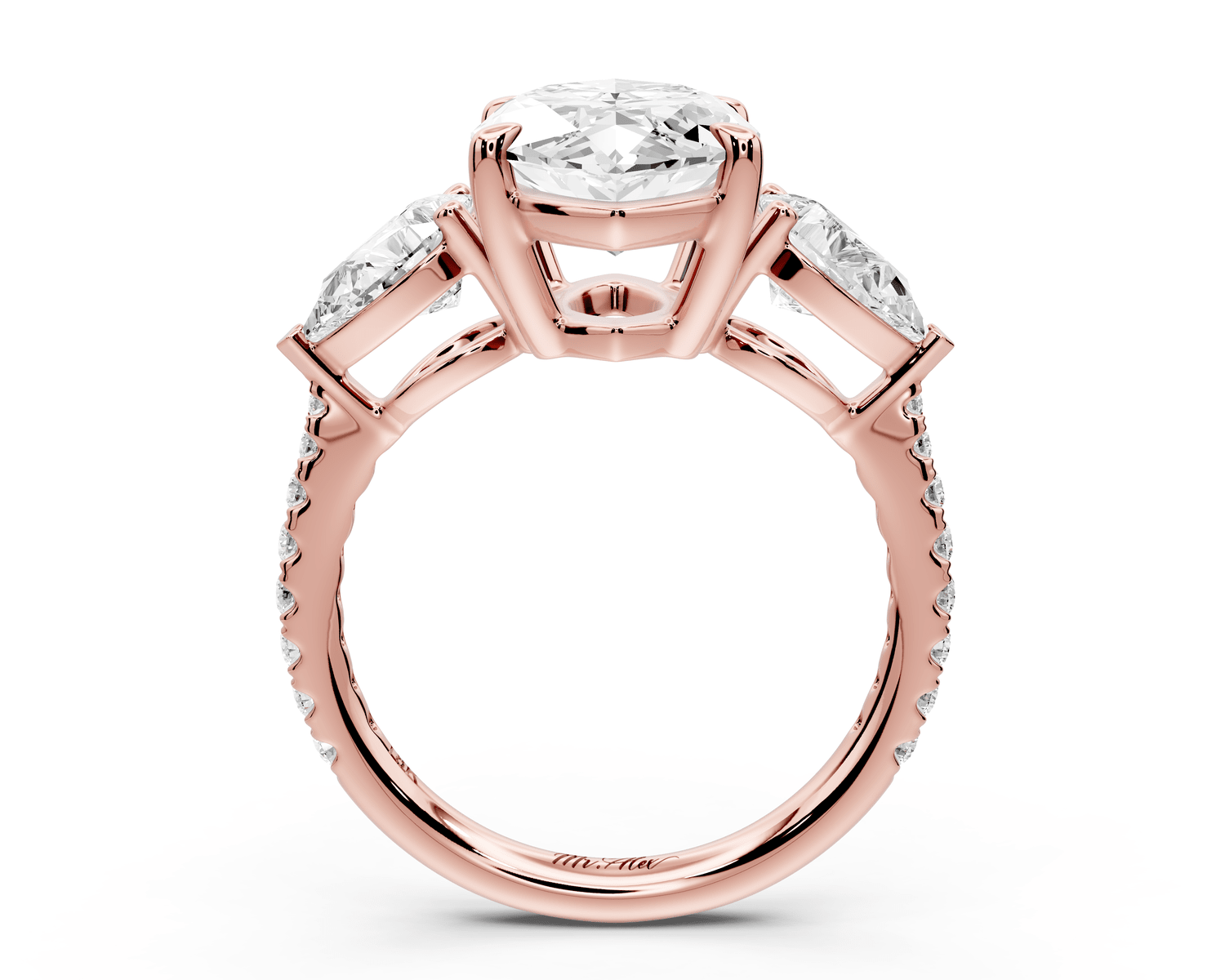 Alma - 4ct 14k rose gold marquise center stone with two pear shaped diamonds and pavé. Three stone oval and pear engagement ring with Pavé - Mr. Alex Jewelry