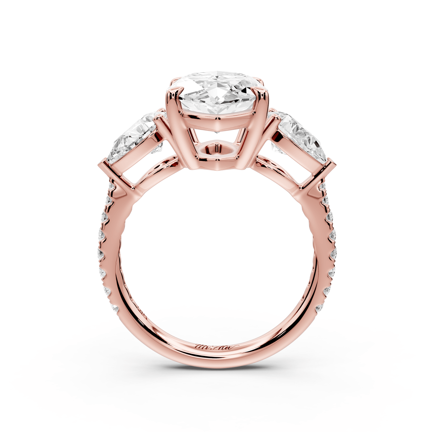 Alma - 4ct 14k rose gold marquise center stone with two pear shaped diamonds and pavé. Three stone oval and pear engagement ring with Pavé - Mr. Alex Jewelry