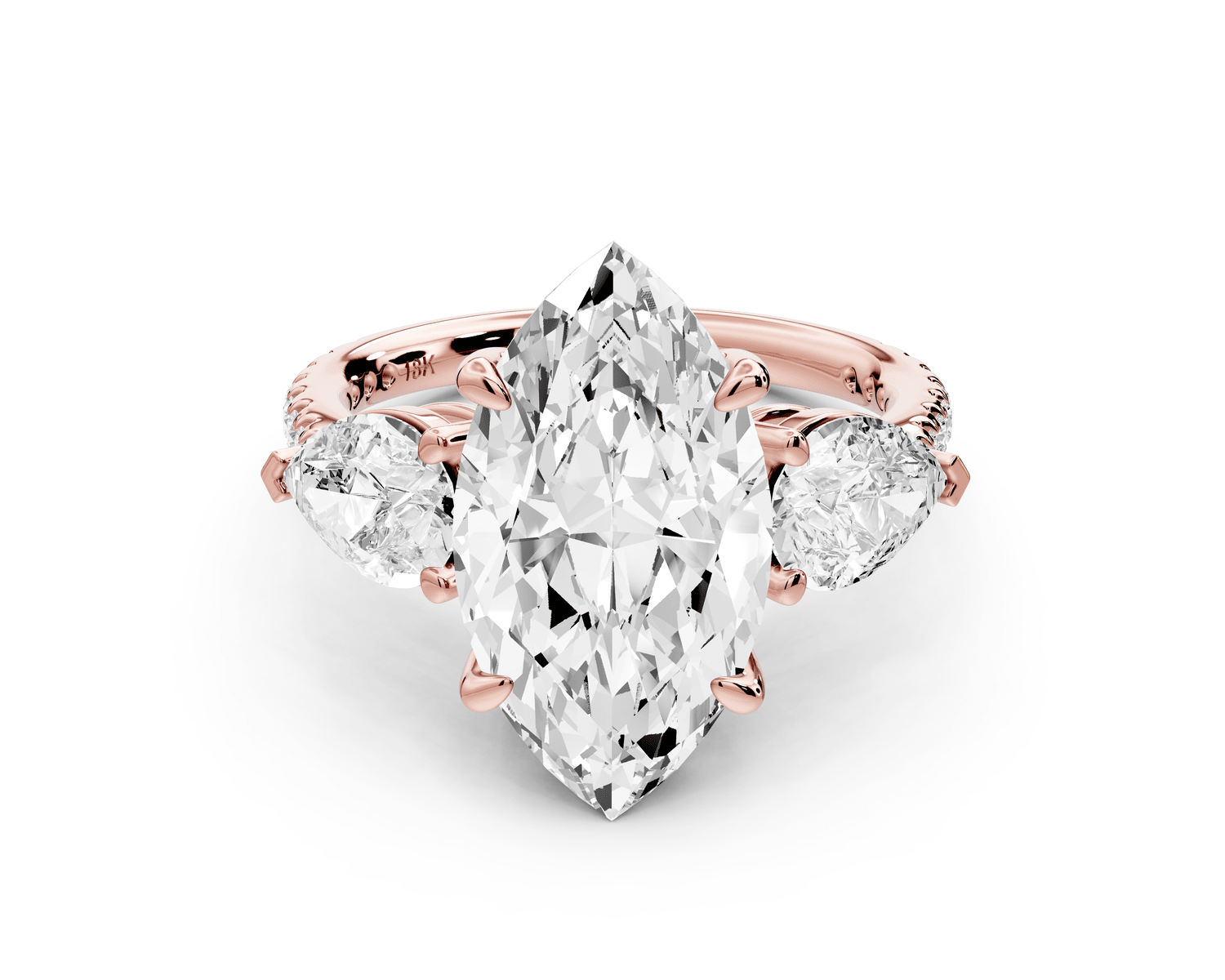 Alma - 4ct 14k rose gold marquise center stone with two pear shaped diamonds and pavé. Three stone oval and pear engagement ring with Pavé - Mr. Alex Jewelry
