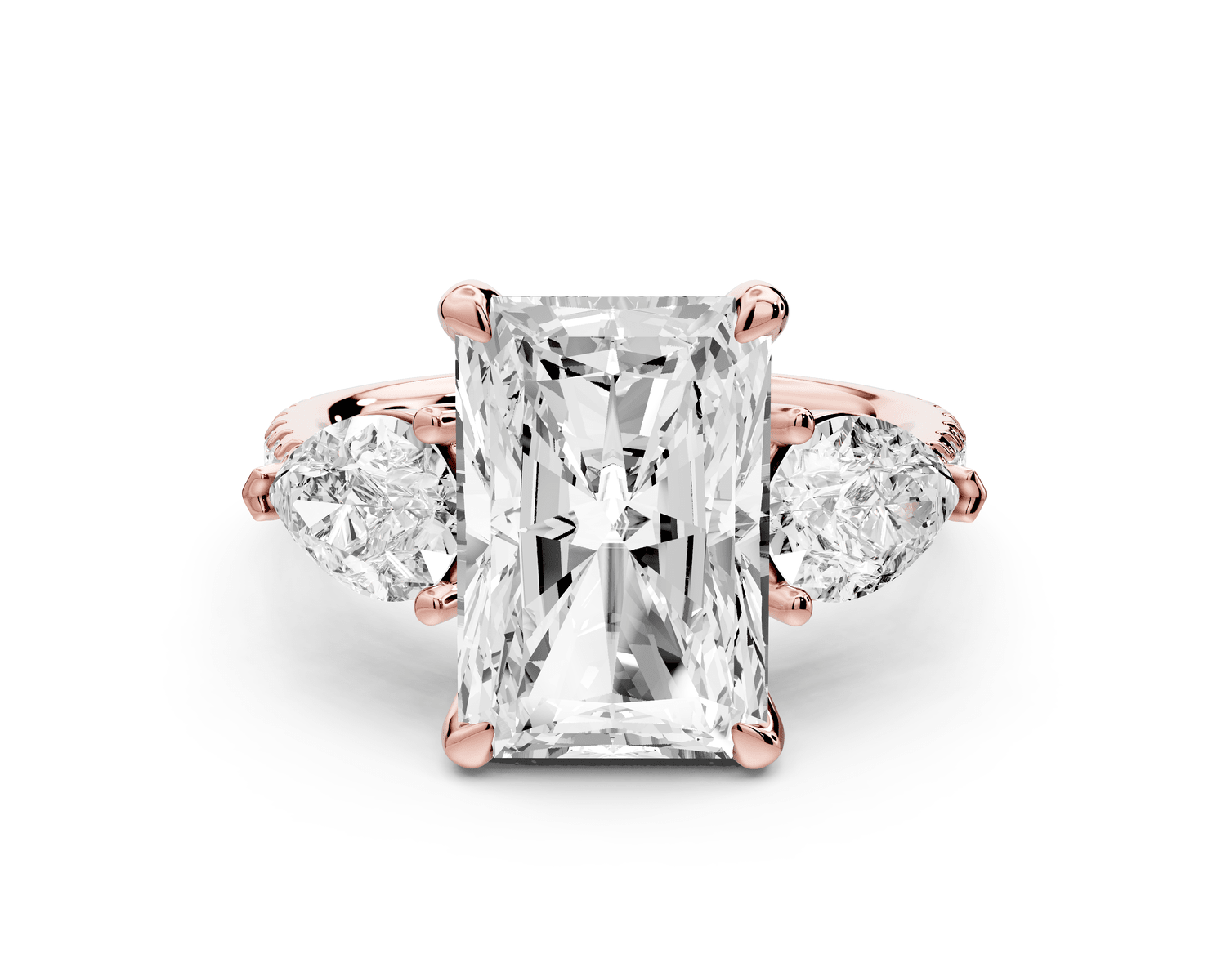 Alma - 4ct 14k rose gold radiant center stone with two pear shaped diamonds and pavé. Three stone oval and pear engagement ring with Pavé - Mr. Alex Jewelry