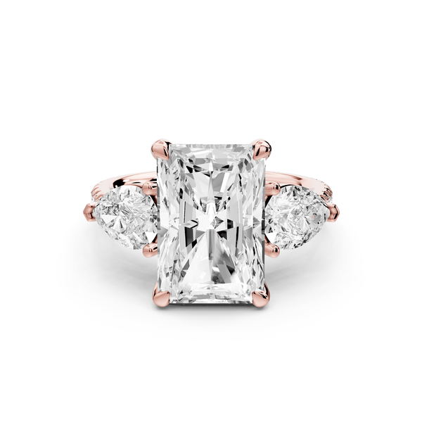 Alma - 4ct 14k rose gold radiant center stone with two pear shaped diamonds and pavé. Three stone oval and pear engagement ring with Pavé - Mr. Alex Jewelry