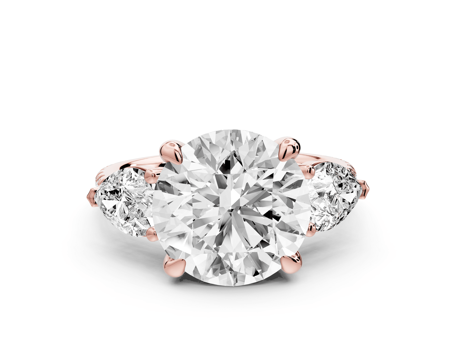 Alma - 4ct 14k rose gold round center stone with two pear shaped diamonds and pavé. Three stone oval and pear engagment ring with Pavé - Mr. Alex Jewelry