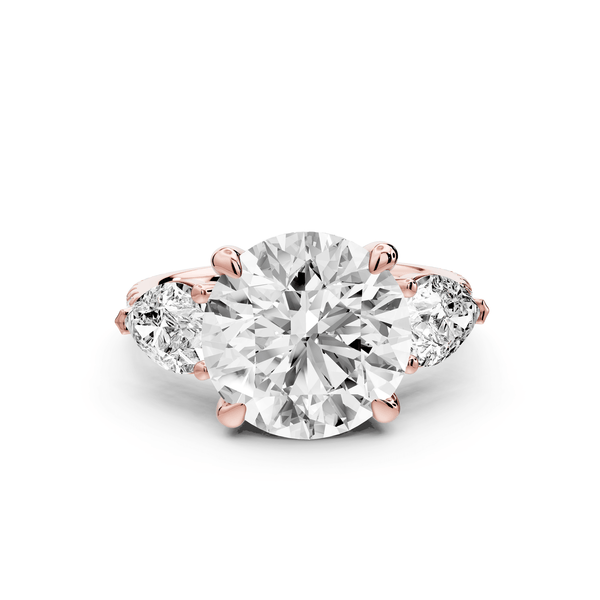 Alma - 4ct 14k rose gold round center stone with two pear shaped diamonds and pavé. Three stone oval and pear engagment ring with Pavé - Mr. Alex Jewelry