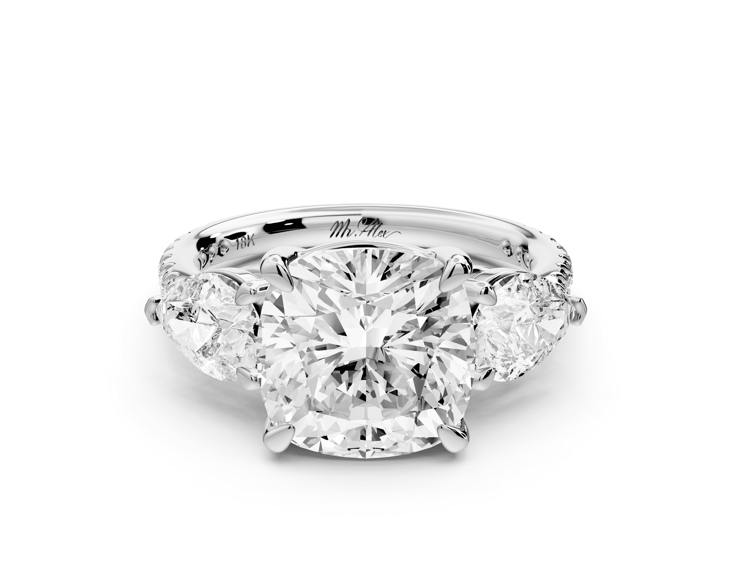 Alma - 4ct 14k white gold cushion center stone with two pear shaped diamonds and pavé. Three stone oval and pear engagement ring with Pavé - Mr. Alex Jewelry