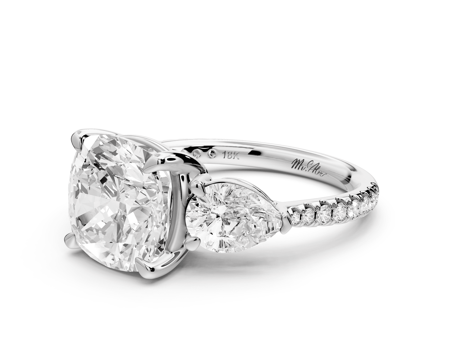 Alma - 4ct 14k white gold cushion center stone with two pear shaped diamonds and pavé. Three stone oval and pear engagement ring with Pavé - Mr. Alex Jewelry