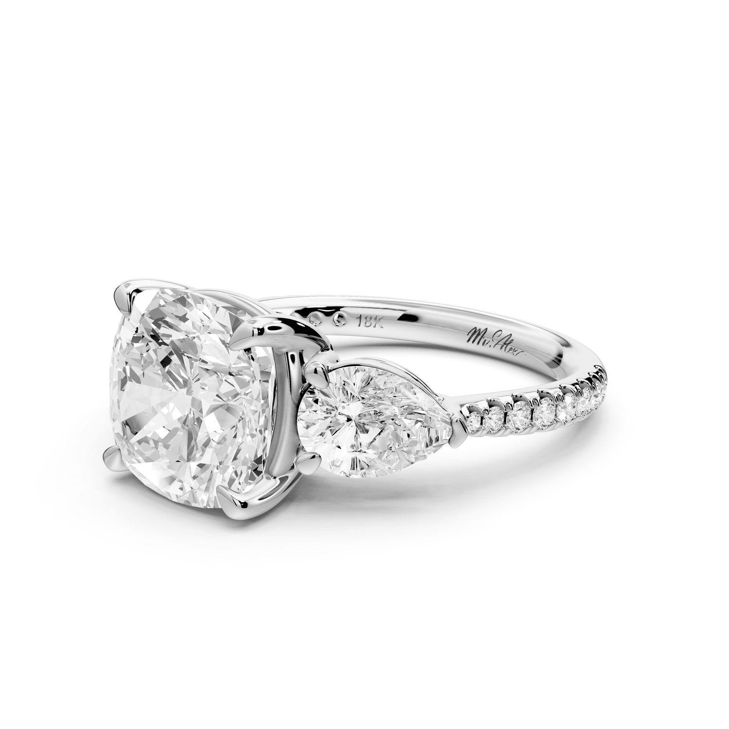 Alma - 4ct 14k white gold cushion center stone with two pear shaped diamonds and pavé. Three stone oval and pear engagement ring with Pavé - Mr. Alex Jewelry