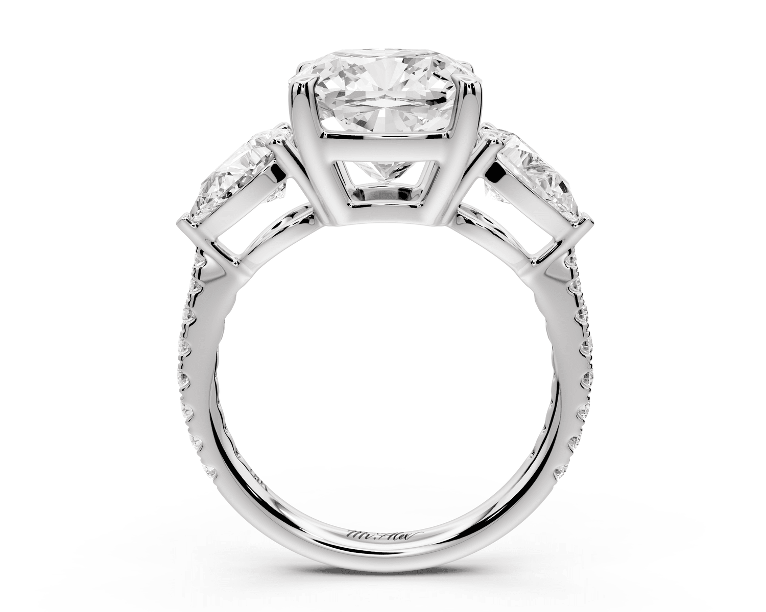 Alma - 4ct 14k white gold cushion center stone with two pear shaped diamonds and pavé. Three stone oval and pear engagement ring with Pavé - Mr. Alex Jewelry